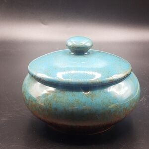Signed Blue and Brown Lidded Ashtray